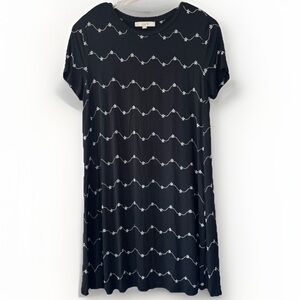 Loft Black Floral Embroidered Midi Dress Large A-line Short Sleeves